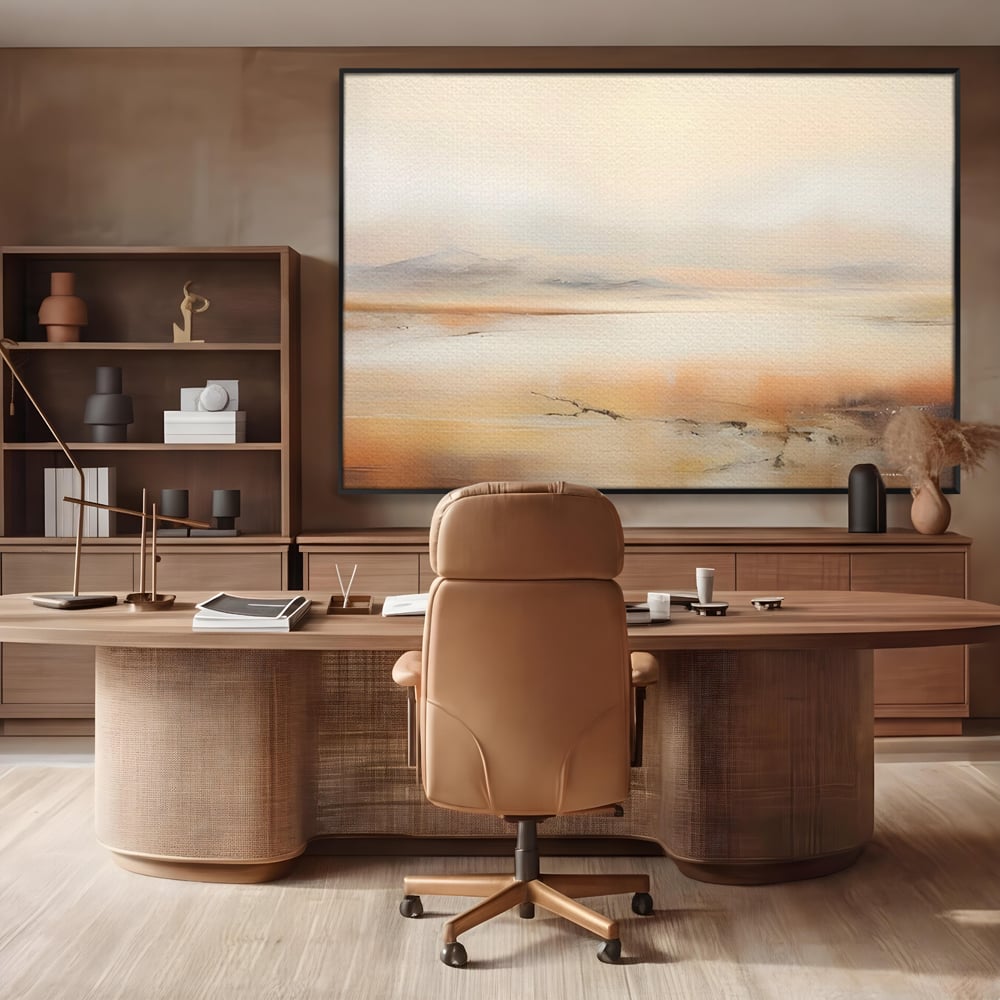 Tablou canvas cu pictura peisaj abstract cu dealuri, in rama de aluminiu negru, pe perete intr-un birou